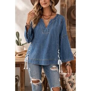 Madewell Side Lace Up Detail Denim Bell Sleeve Boho Cotton V-Neck Top Sz: M
